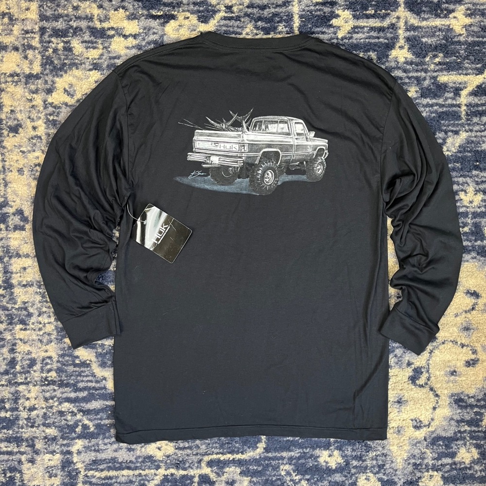 Huk Mens Merica LS Performance Fishing Shirt Black Truck Graphic Tee H1000177 L